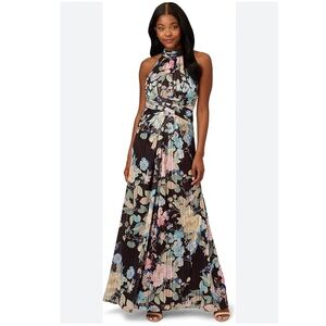 Adrianna Papell Floral-Print Chiffon Halter Gown Maxi Cocktail Dress Size 16